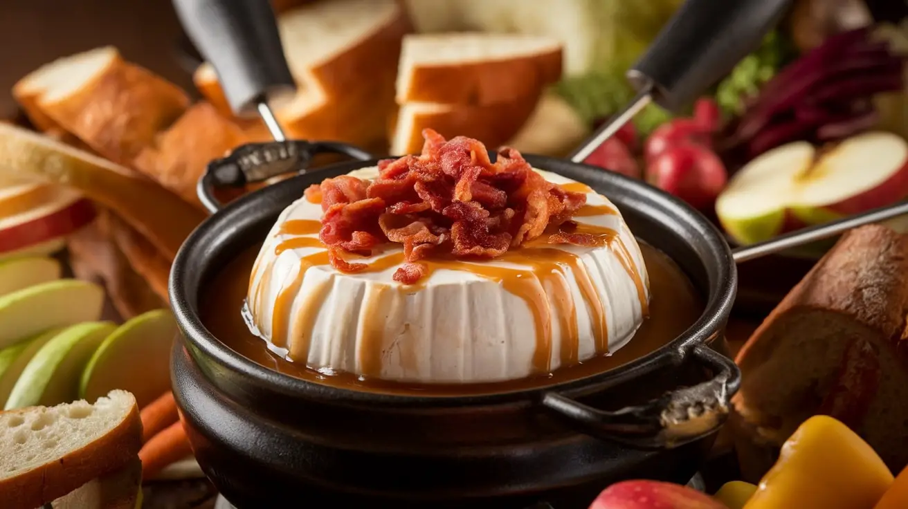 A bubbling pot of Maple Bacon Brie Fondue surrounded by bread and apple slices, set in a cozy atmosphere.