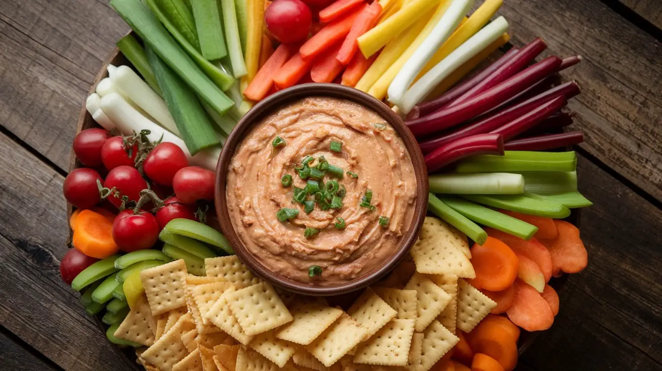 A bowl of Maple Bourbon Bacon Dip with Cheddar, garnished with green onions, surrounded by chips, crackers, and vegetables.