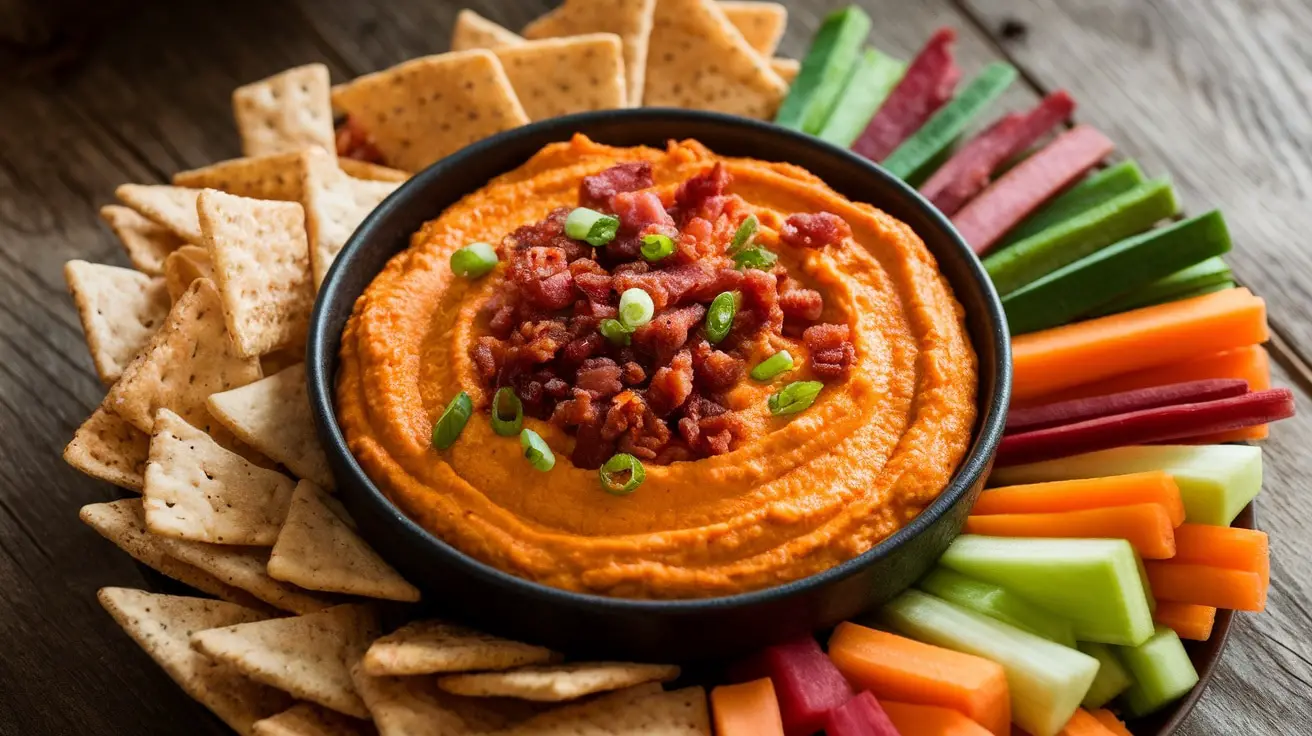 A creamy Maple Sweet Potato and Bacon Dip with bacon bits and green onions, served with pita chips and vegetables on a wooden table.