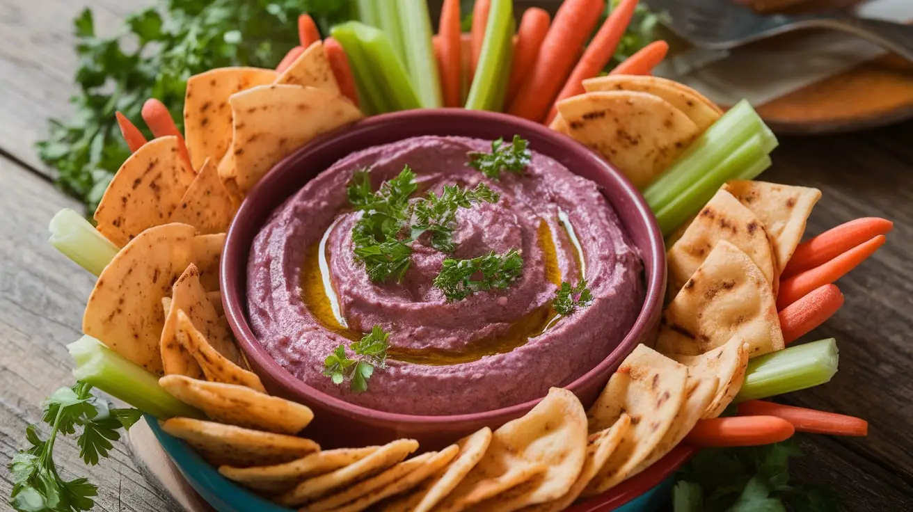 Creamy Mediterranean Eggplant Dip in a bowl, garnished with parsley and served with pita chips and vegetable sticks.