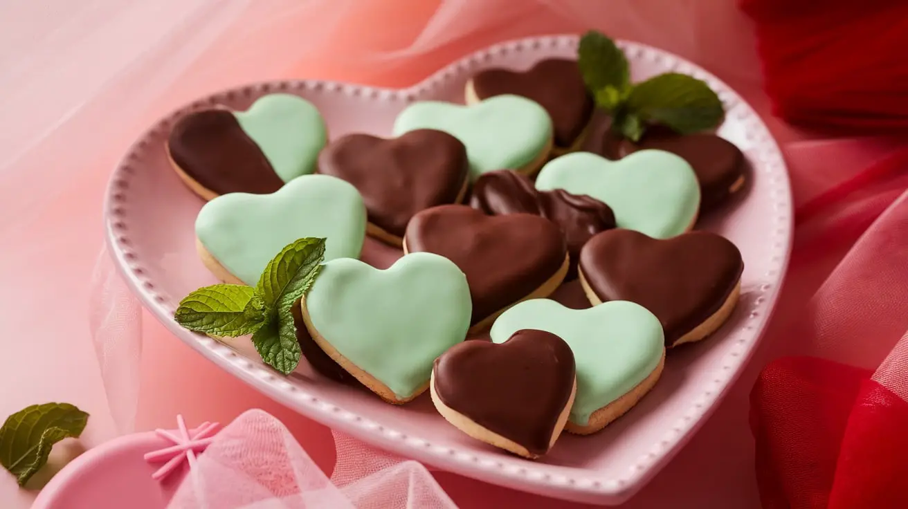 Mint Chocolate Love Hearts cookies on a heart-shaped plate with chocolate dip, surrounded by Valentine