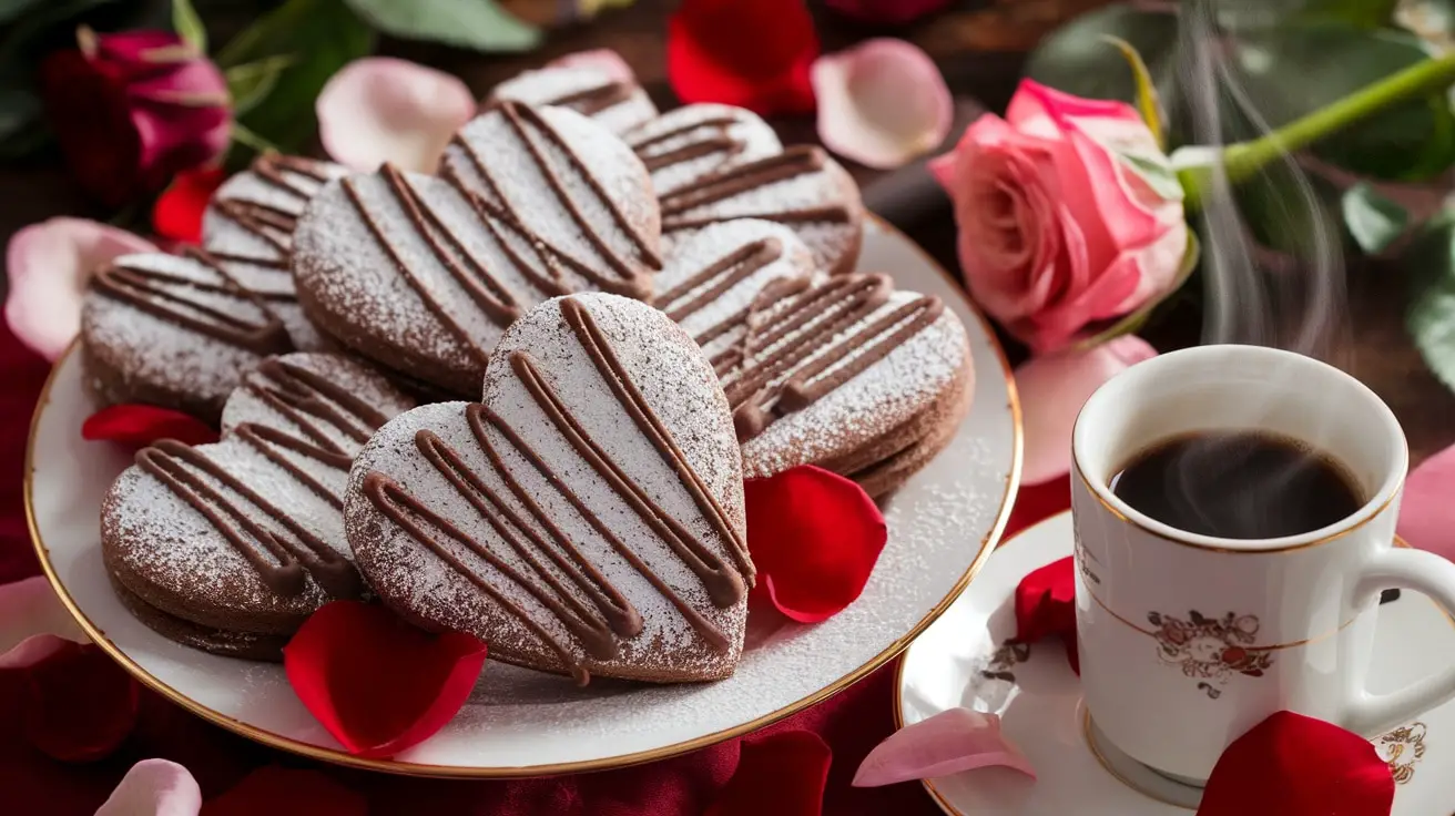 Heart-shaped mocha bliss cookies on a plate, surrounded by rose petals and a cup of coffee for Valentine