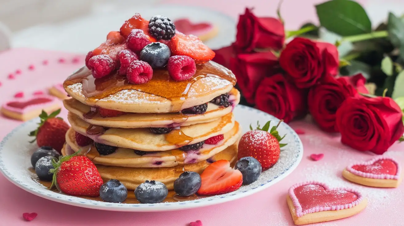 A stacked pancake tower topped with fresh berries and syrup, with valentines cookies and flowers in the background.