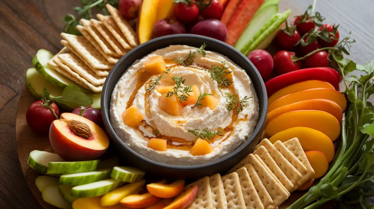 Creamy Peach and Goat Cheese Dip with fresh vegetables and crackers on a rustic table.