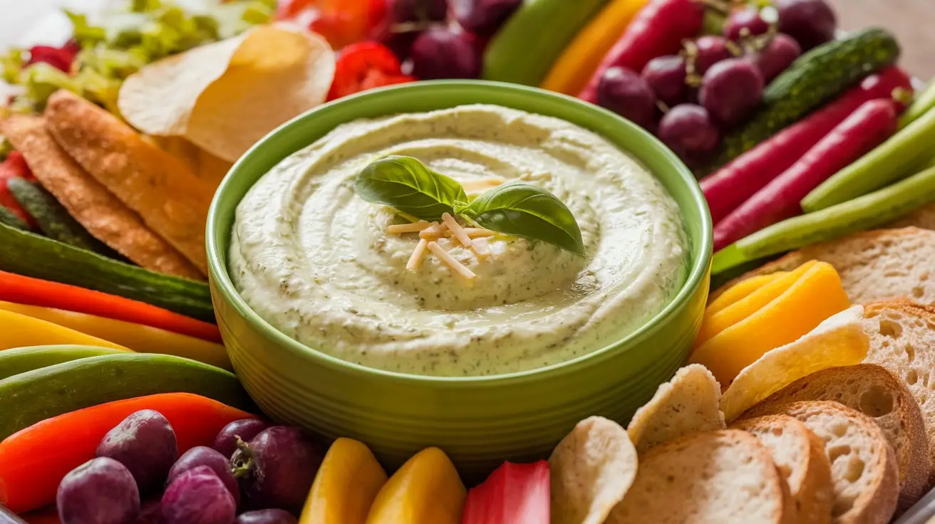 Creamy Pesto Alfredo Dip in a green bowl with fresh veggies, chips, and bread around it.