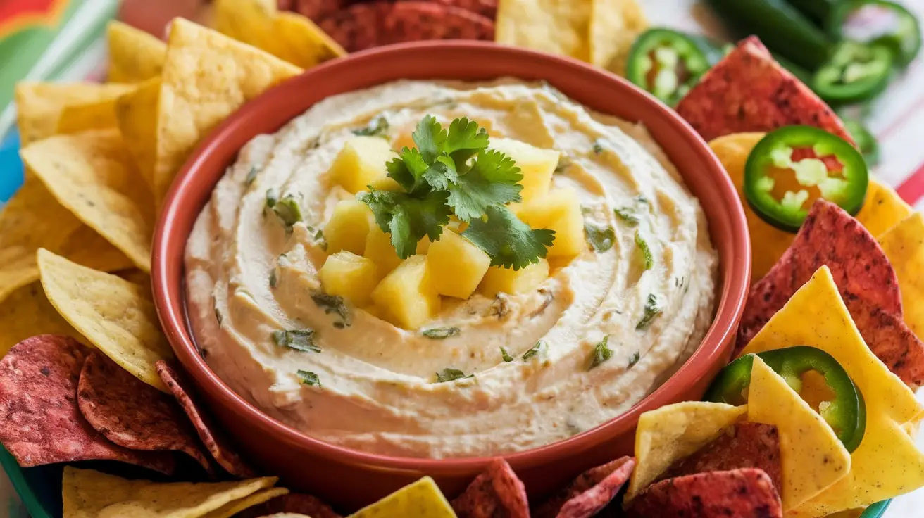 Creamy Pineapple Jalapeño Cream Cheese Dip in a bowl with tortilla chips, garnished with cilantro.