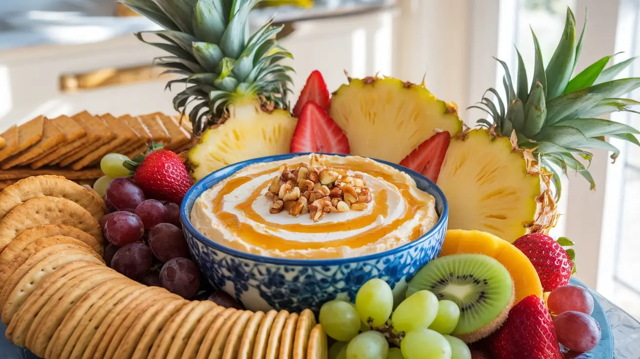 A bowl of creamy pineapple dip with fresh fruit and crackers on a sunny kitchen counter.