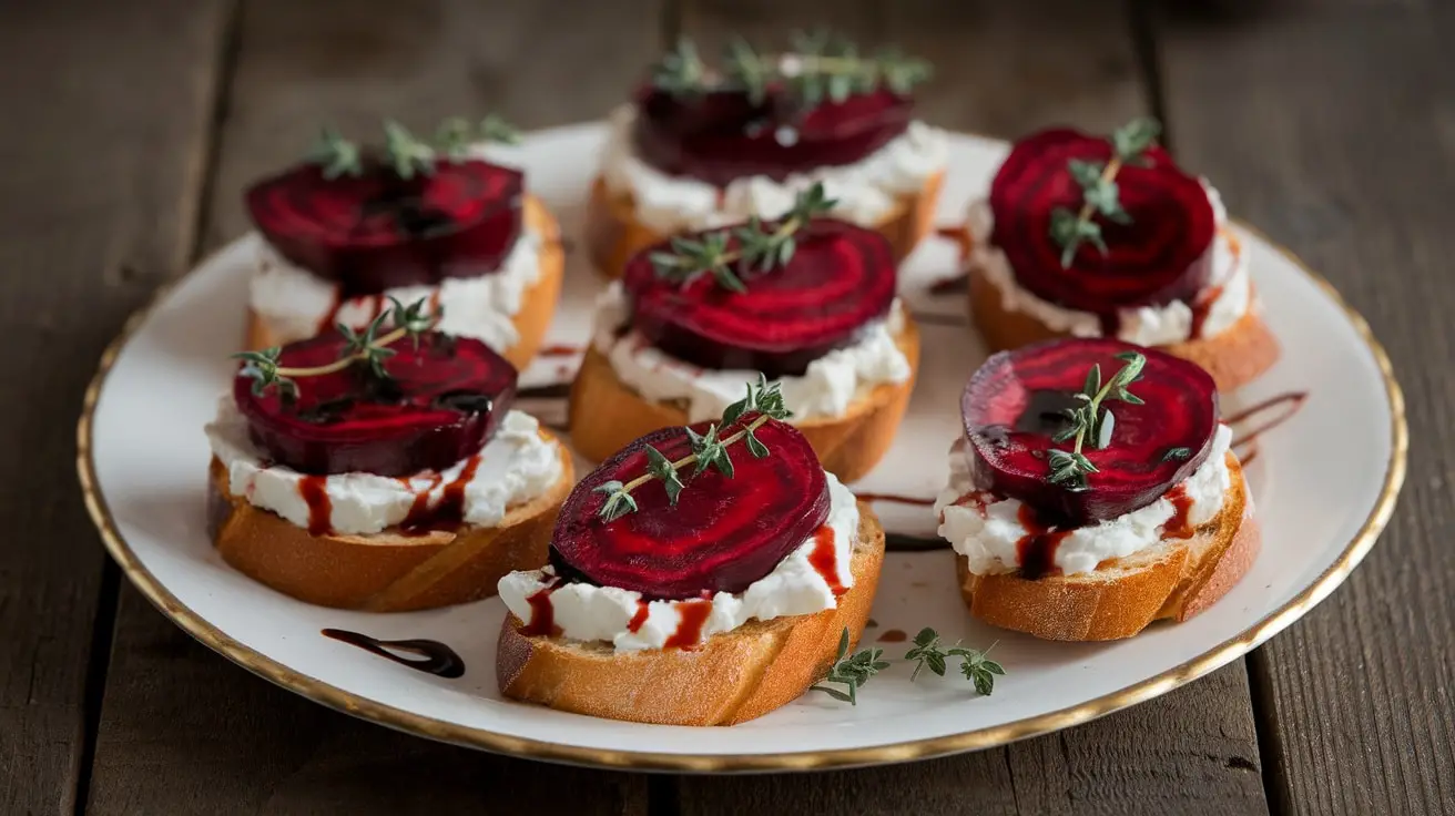 Elegant red beet and goat cheese crostini on a rustic platter, garnished with thyme.