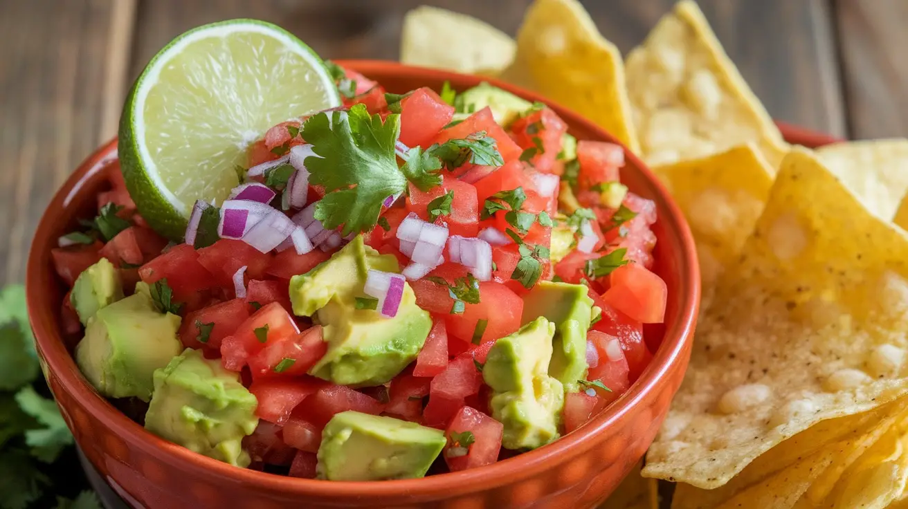 A colorful bowl of tomato and avocado salsa with tortilla chips on a rustic wooden table.