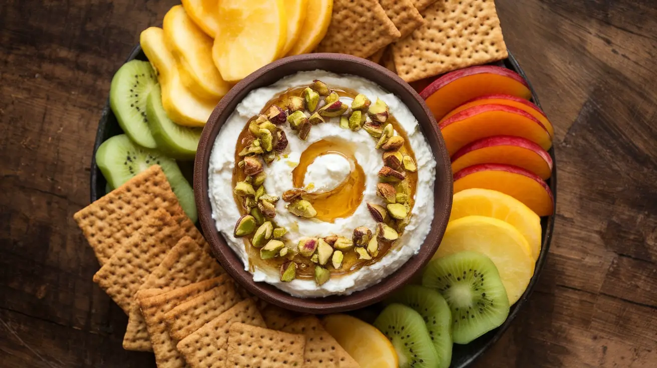 Ricotta, Honey, and Pistachio Dip in a bowl, garnished with pistachios and honey, served with fruit and crackers.