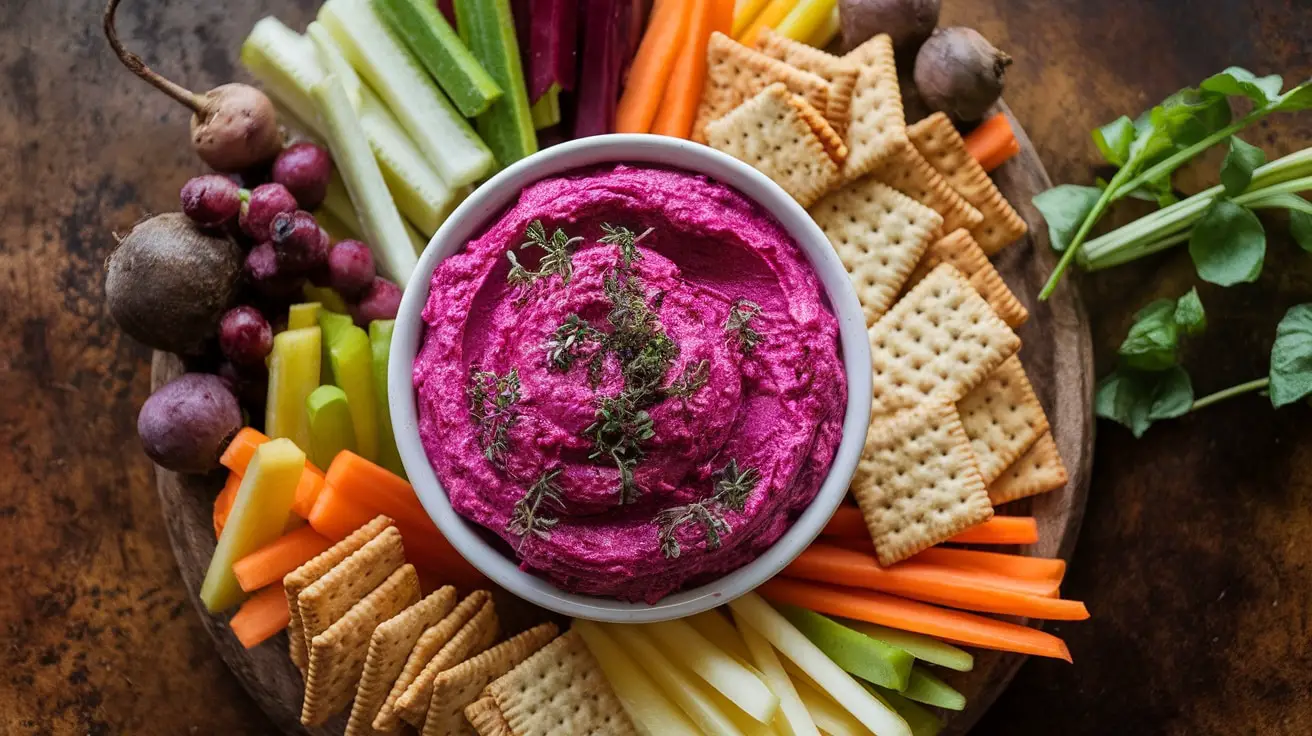 A vibrant roasted beet and goat cheese dip in a bowl, garnished with herbs, surrounded by vegetable sticks and crackers.