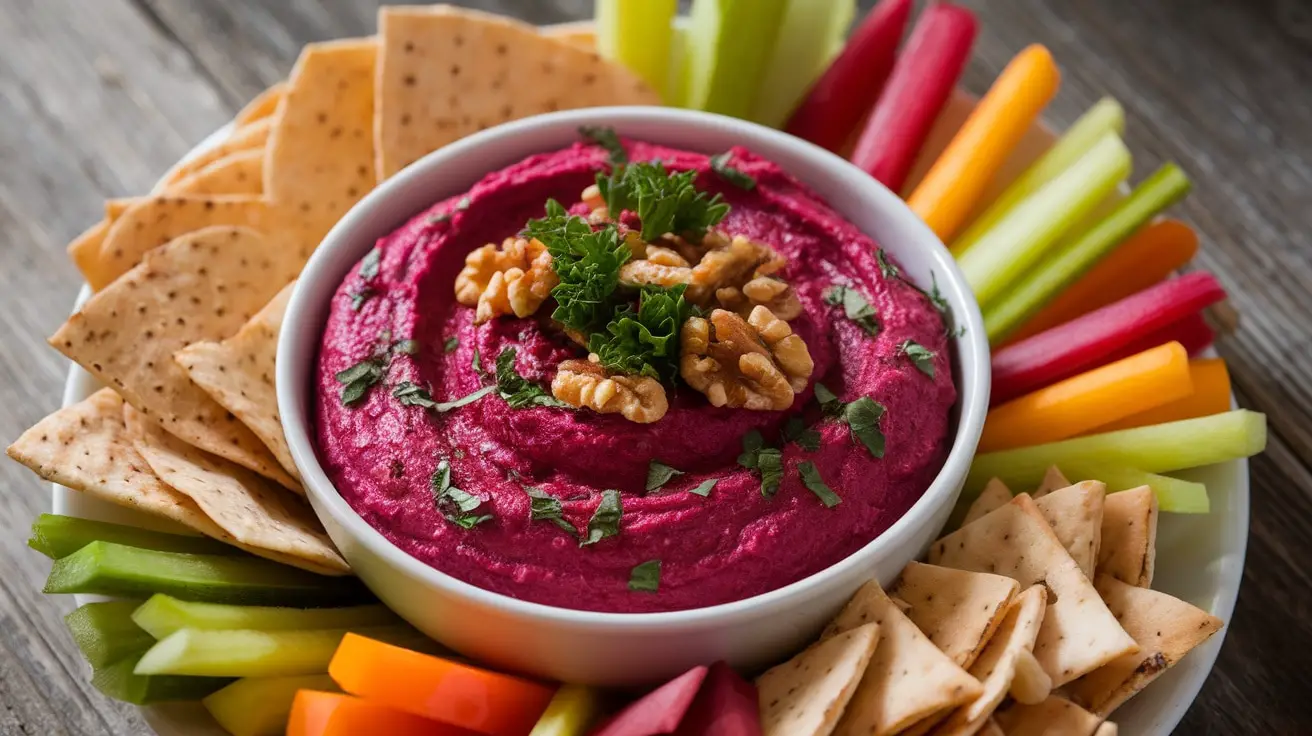 A bowl of Roasted Beet and Walnut Dip, garnished with parsley, surrounded by vegetable sticks and pita chips on a wooden table.