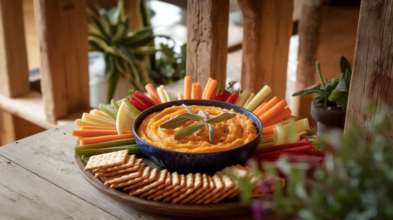 Creamy Roasted Butternut Squash and Sage Dip in a bowl, garnished with sage leaves, served with vegetable sticks and crackers.