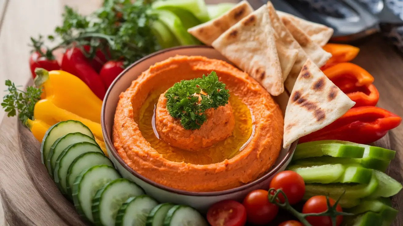 Roasted carrot and chickpea hummus in a bowl with parsley and pita chips on the side.