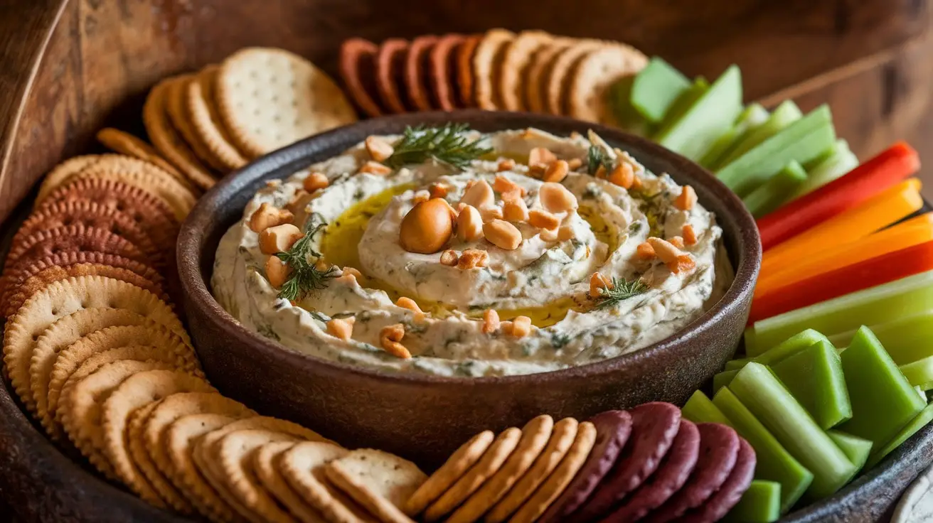 Creamy roasted chestnut and herb dip in a bowl with crackers and vegetable sticks on a wooden table.