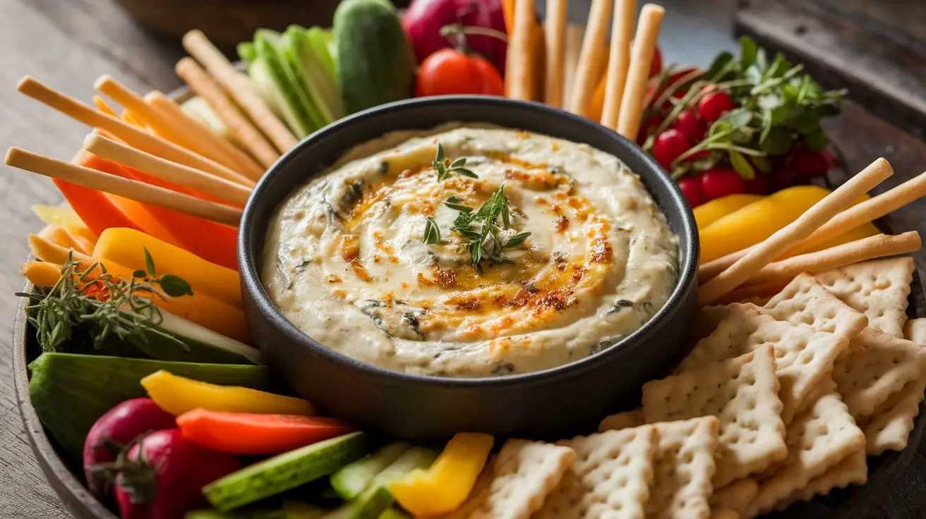 Creamy dip made with roasted garlic, spinach, and artichokes, served with bread and vegetables on a rustic table.