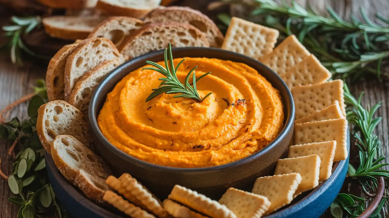 A bowl of Roasted Pumpkin and Goat Cheese Dip with bread and crackers, garnished with rosemary.