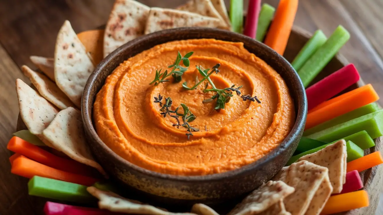 Creamy roasted sweet potato dip in a bowl with veggie sticks and pita chips.