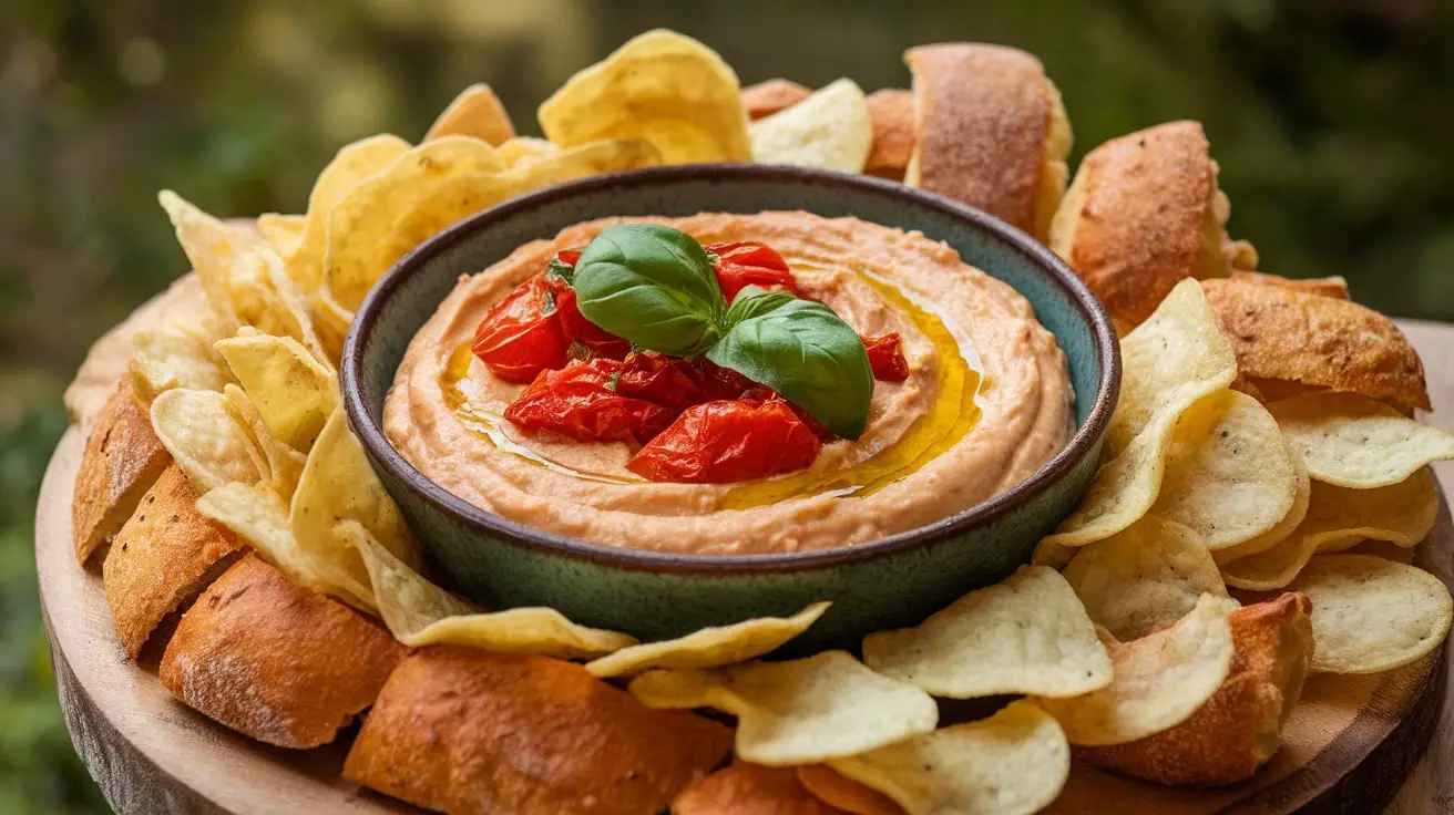 Roasted Tomato and Basil Cream Cheese Dip in a bowl with tortilla chips and bread, garnished with basil.