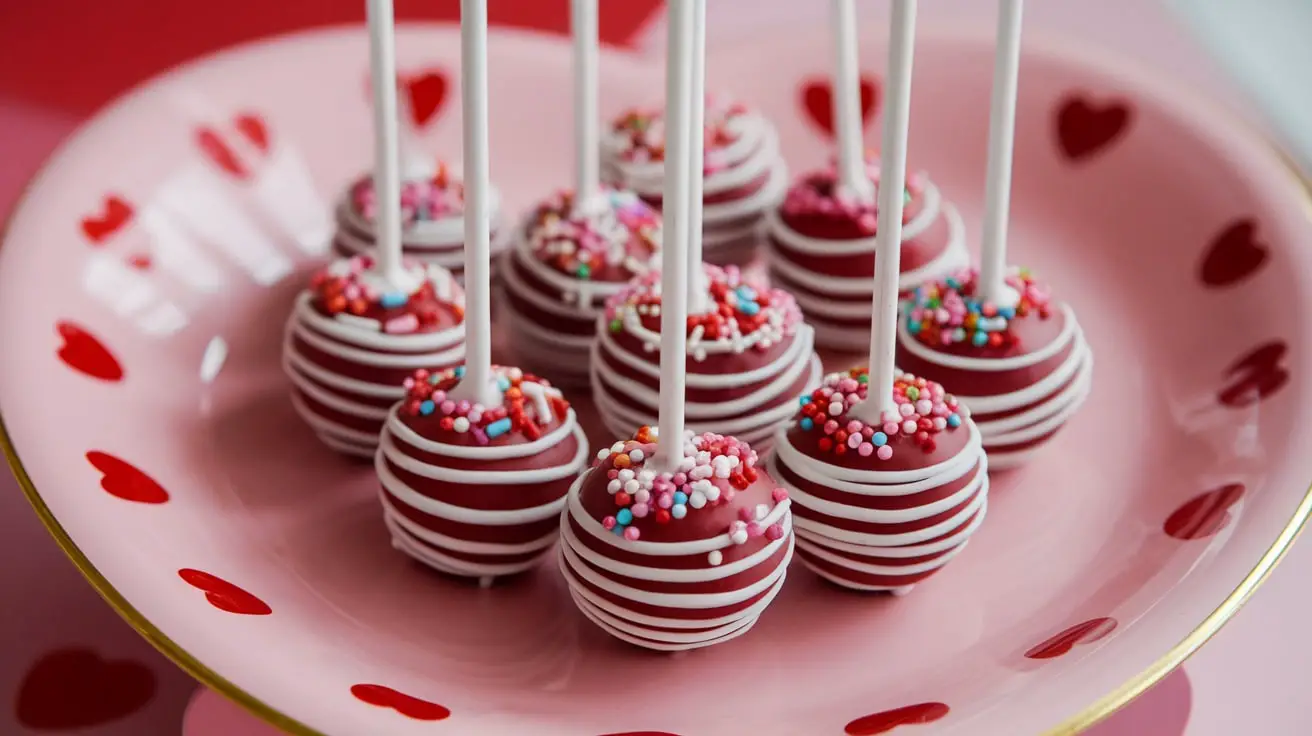 Ruby Red Velvet Cookie Pops with white frosting and sprinkles on a heart plate.