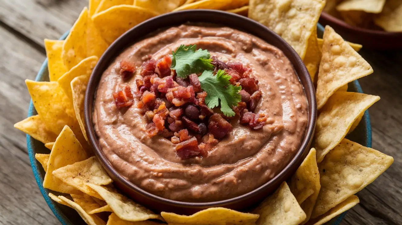 A bowl of Smoky Black Bean and Bacon Dip with tortilla chips on a wooden table.