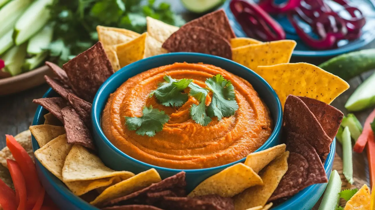 A bowl of Smoky Chipotle Sweet Potato Dip with tortilla chips and vegetables.