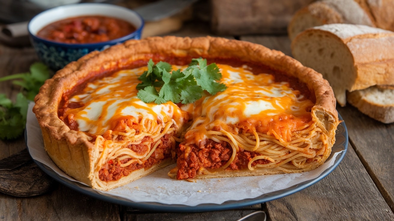 Hearty spaghetti chili pie with melted cheese, served on a rustic table with a slice cut out.