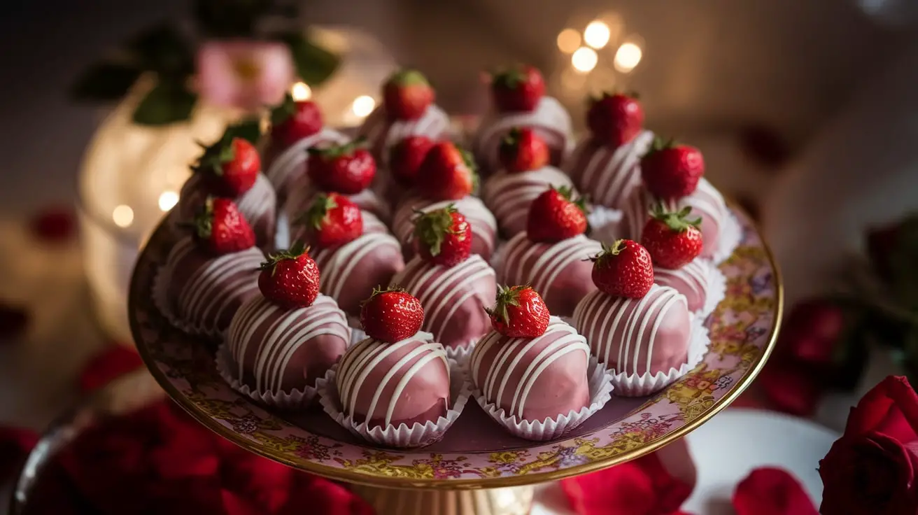 Decadent strawberry cream filled chocolates with white chocolate drizzle and fresh strawberries on a decorative plate.