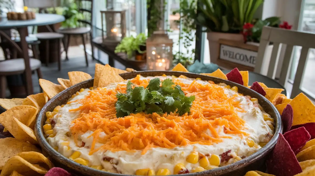 Cheesy Sweet Corn and Jalapeño Dip in a dish with tortilla chips, garnished with cilantro.