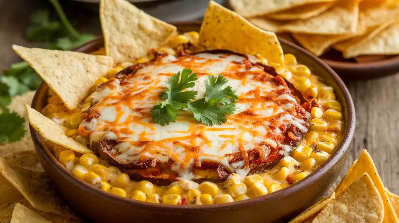 Creamy Sweet Corn and Roasted Poblano Dip with tortilla chips on a rustic table.