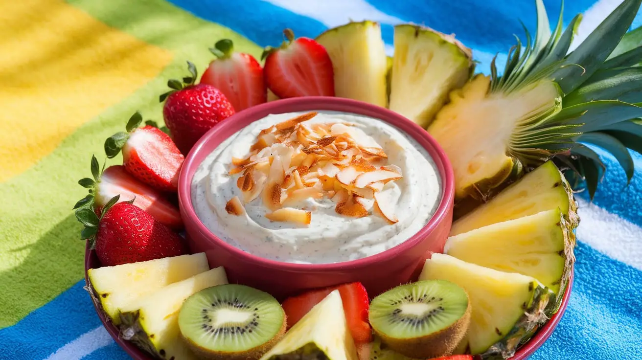 A bowl of Tropical Pineapple Coconut Dip with fresh fruit slices for dipping on a picnic table.