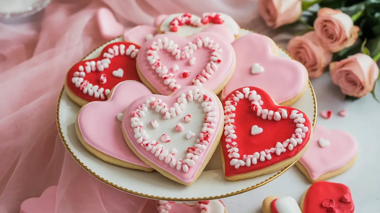 Heart-shaped cookies with icing and crushed candy canes on a decorative plate for Valentine