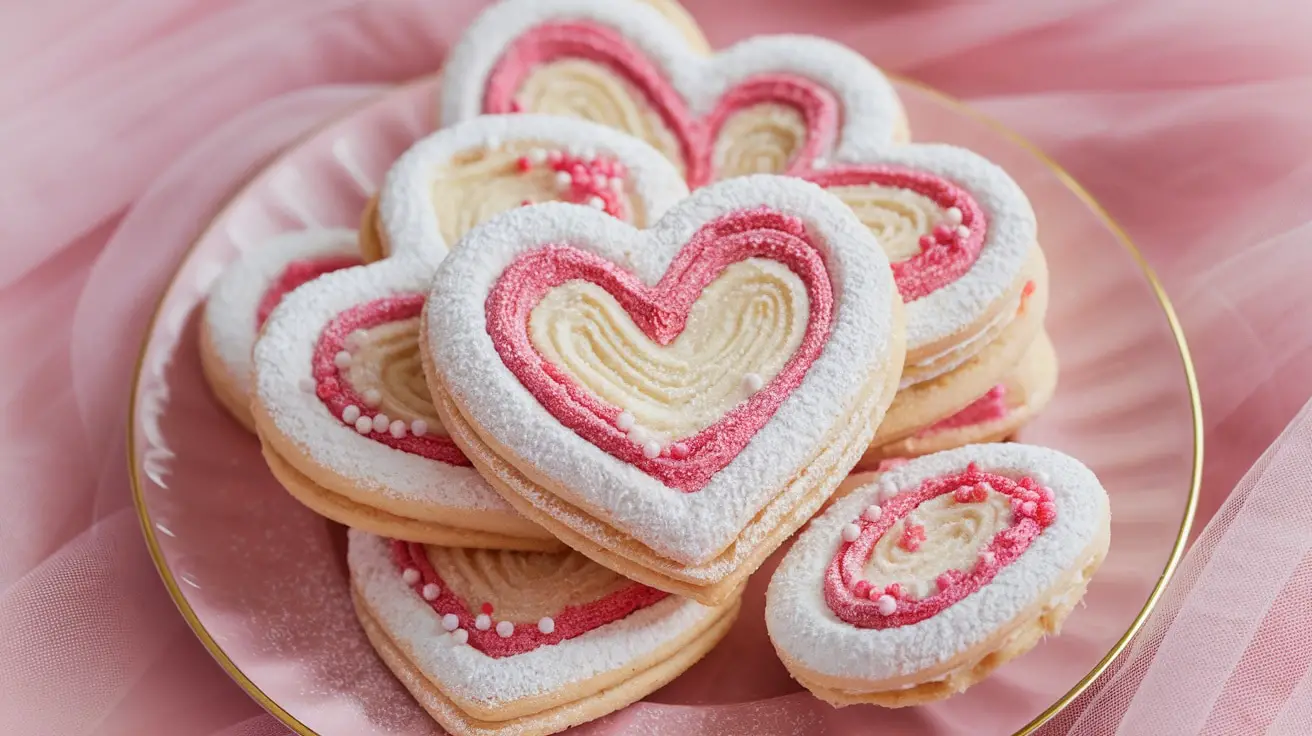 Vanilla Love Spiral Cookies arranged in a heart shape on a plate, dusted with powdered sugar, perfect for Valentine