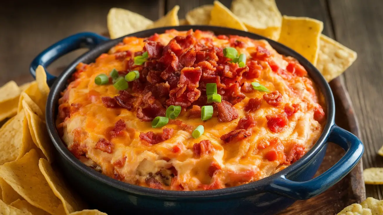 Warm cheesy bacon and tomato dip in baking dish with tortilla chips on the side.