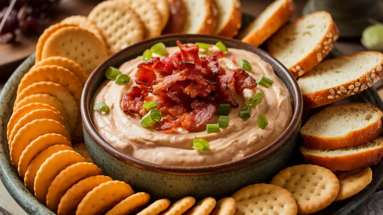 Warm Maple Bacon Dip in a bowl with crispy bacon, garnished with green onions, surrounded by crackers and bread.