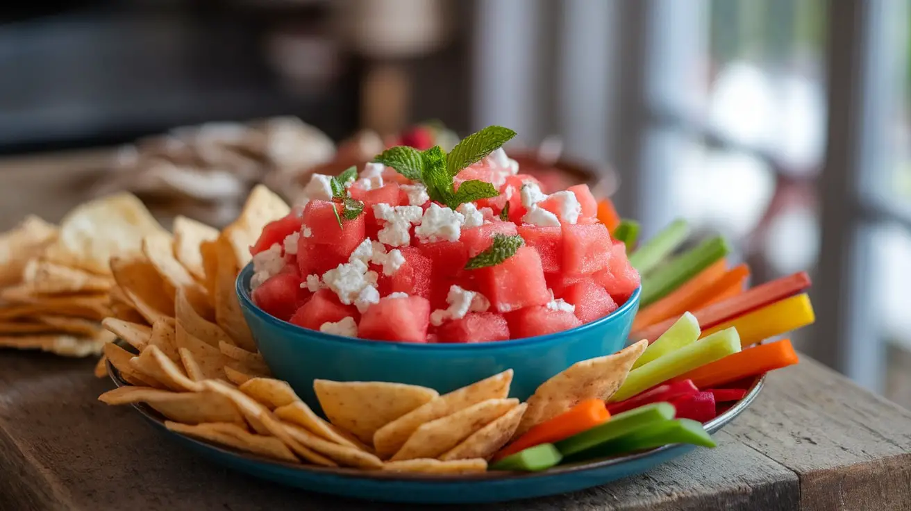 A bowl of Watermelon Feta Dip with watermelon, feta, and mint leaves, served with pita chips on a rustic table.