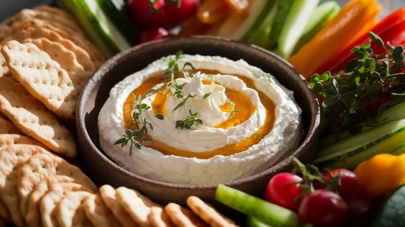 Whipped goat cheese dip with honey and herbs in a bowl, surrounded by crackers and vegetables.