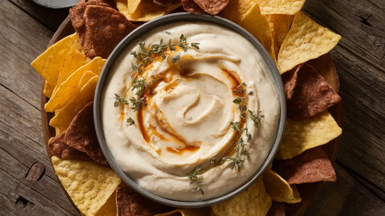 Creamy White Cheddar and Caramelized Onion Dip in a bowl with tortilla chips on a wooden table.