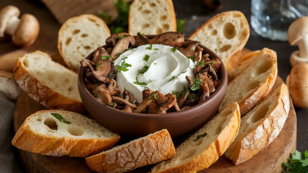 Savory Wild Mushroom and Mascarpone Dip served with baguette slices on a rustic wooden board.