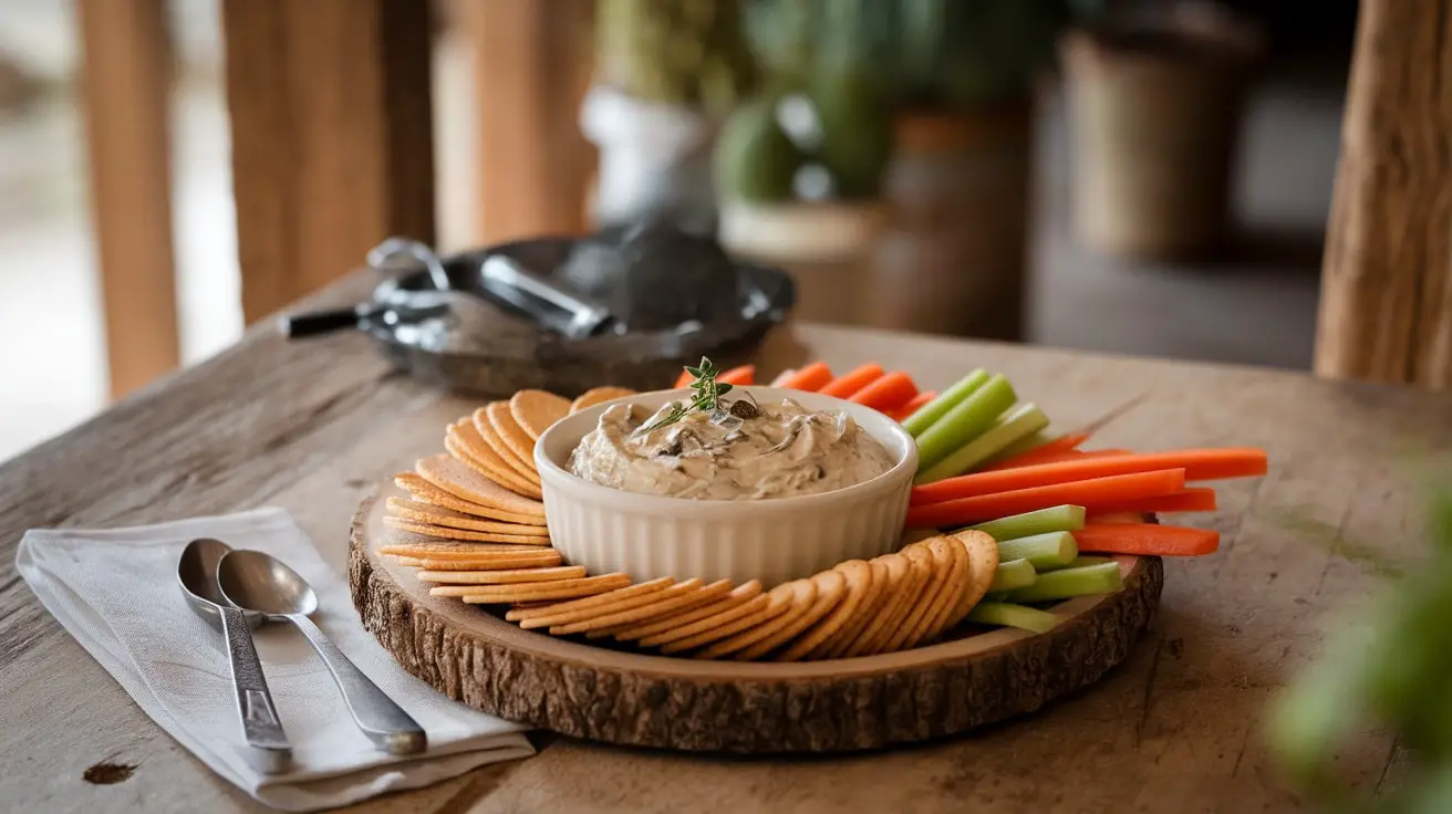 A bowl of Wild Mushroom and Thyme Dip garnished with thyme leaves, surrounded by crackers and fresh vegetables on a rustic wooden table.