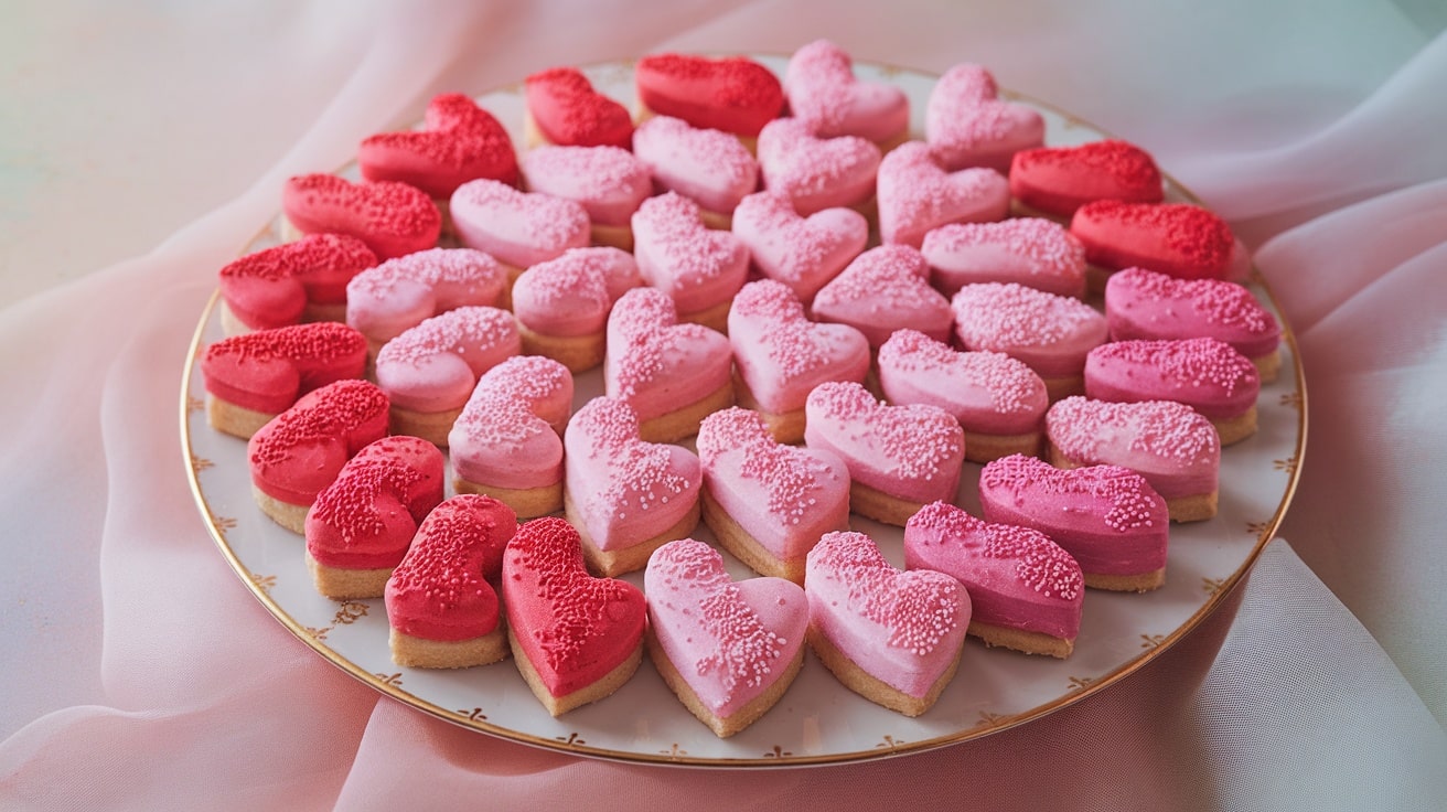 A plate of pink ombre shortbread heart cookies with sprinkles, ideal for Valentine