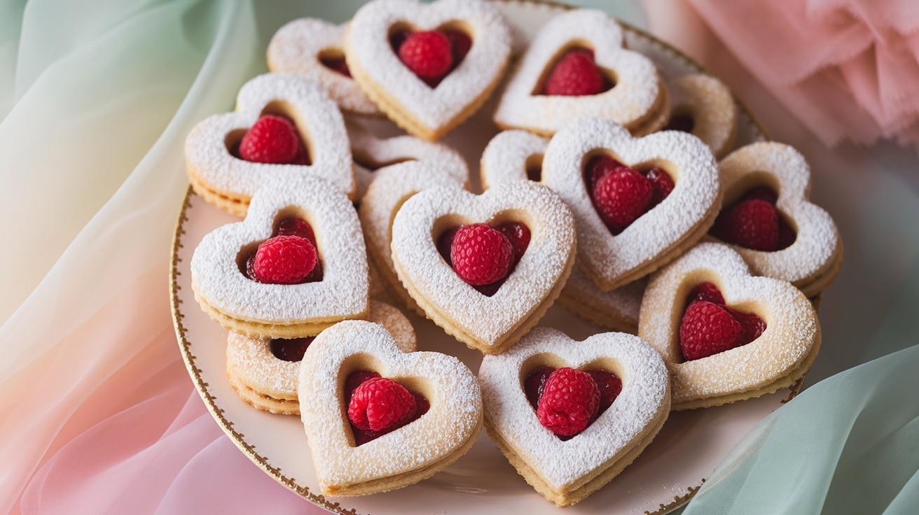 A lovely display of heart-shaped Raspberry Linzer Cookies with powdered sugar, perfect for Valentine