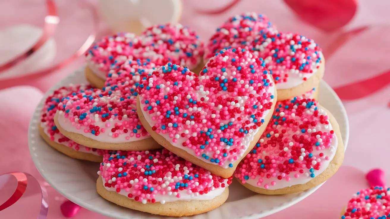 Cupid’s Confetti Sprinkle Cookies with vibrant sprinkles on a plate, surrounded by heart-themed decorations.