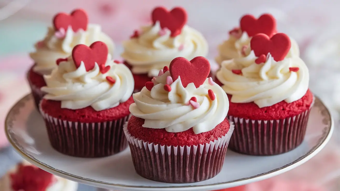 Cupid’s Red Velvet Cupcakes with cream cheese frosting and heart sprinkles on a decorative plate.