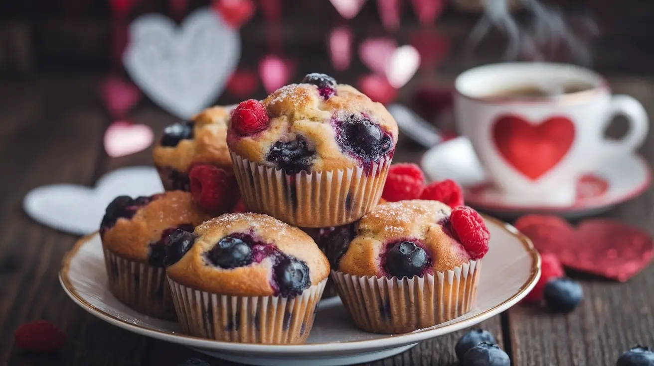 A plate of golden brown berry muffins with blueberries and raspberries, dusted with sugar, set on a rustic table with heart decorations.