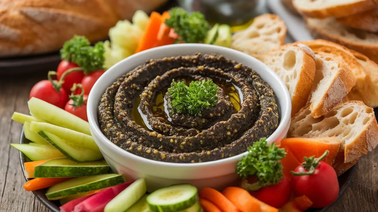 A bowl of Black Olive Tapenade Dip with vegetables and bread on a wooden table.