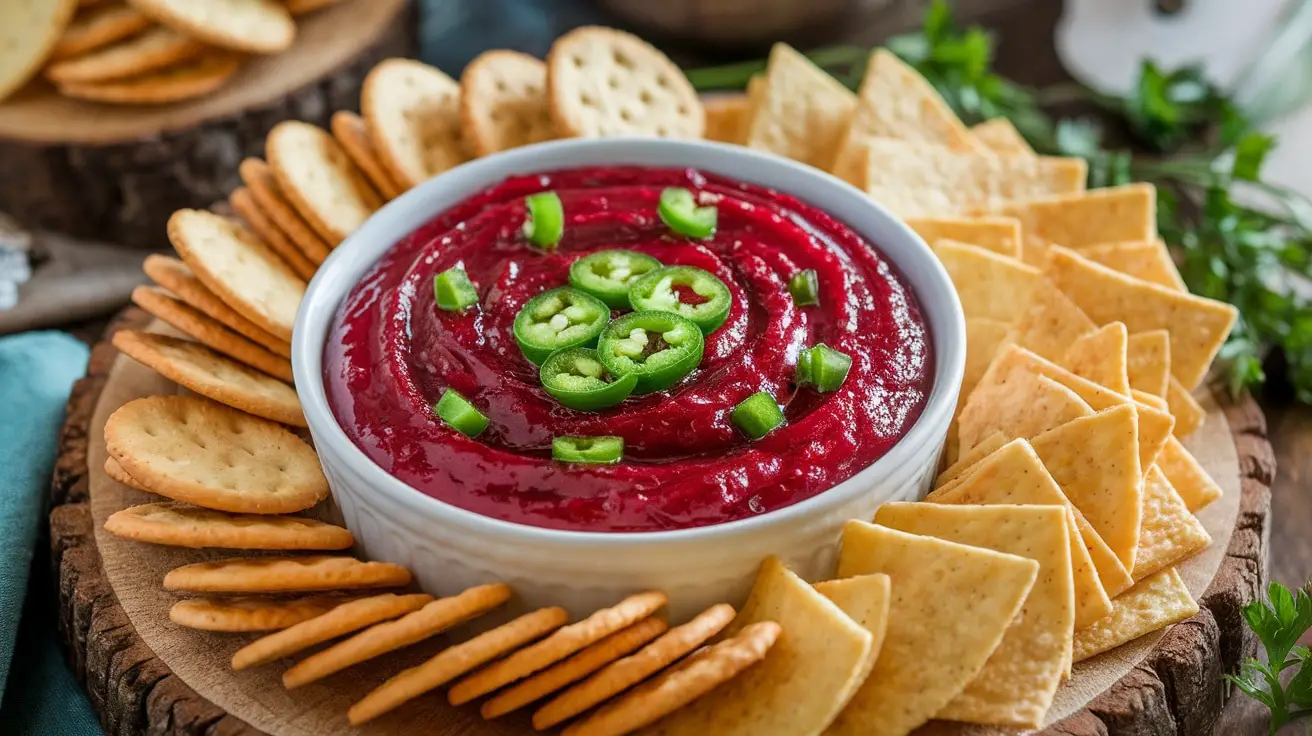 A bowl of Cranberry Jalapeño Cream Cheese Dip with crackers and chips, garnished with parsley.