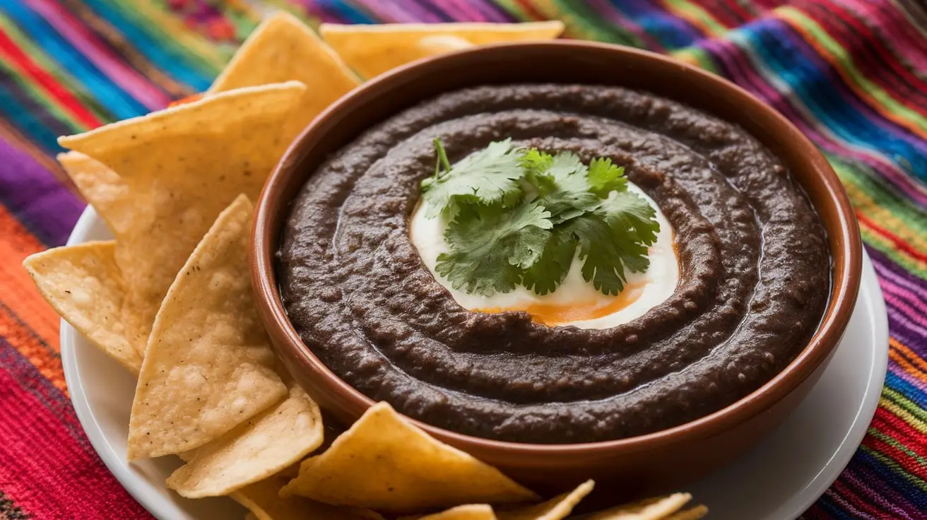 A bowl of Mexican Black Bean Dip with tortilla chips, garnished with cilantro on a colorful tablecloth.