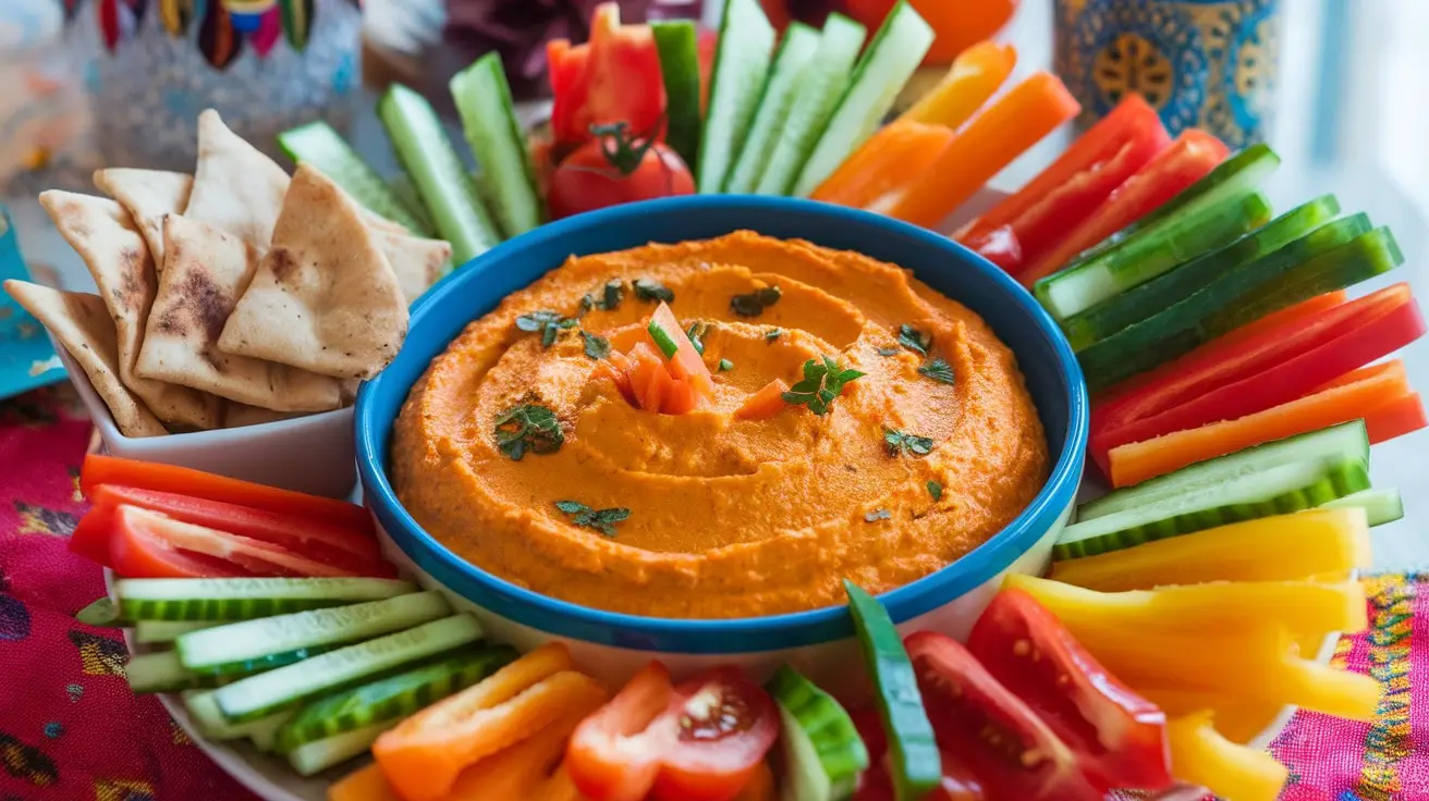 A colorful array of fresh vegetables and pita chips served with a bowl of creamy carrot and curry dip, garnished with herbs.