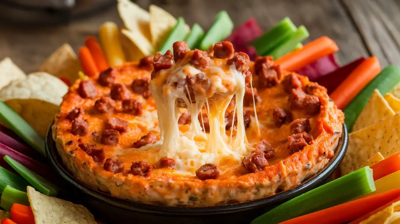 A warm sausage and cheese dip in a baking dish, with tortilla chips and vegetables around it, creating an inviting appetizer setup.